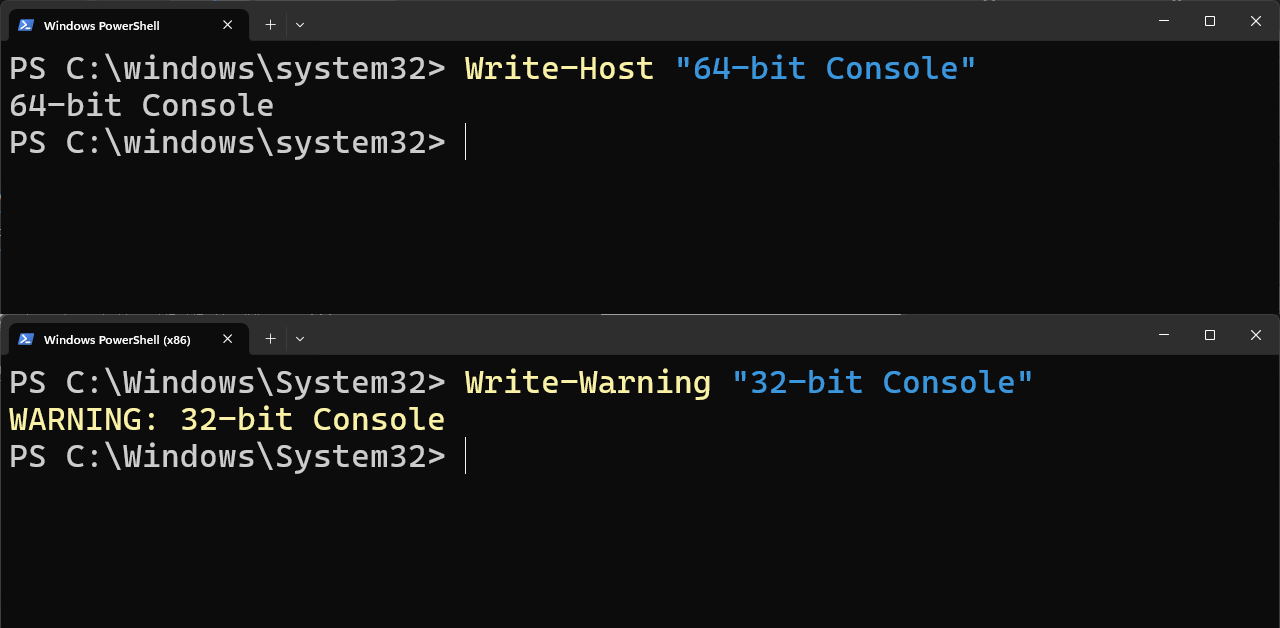 PowerShell 64-bit console and PowerShell 32-bit console